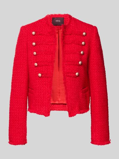 Produktfoto, Blazer in Bouclé-Optik Modell 'CAROLINA' von MANGO in kräftigem Rot, Baumwoll-Mix, Zierknöpfe, Fransensaum, strukturierte Oberfläche