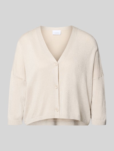 Produktfoto, Schimmernde Strickjacke mit 3/4-Arm von Comma in Beige mit V-Ausschnitt, Knopfleiste, Relaxed-Fit und schimmernder Optik