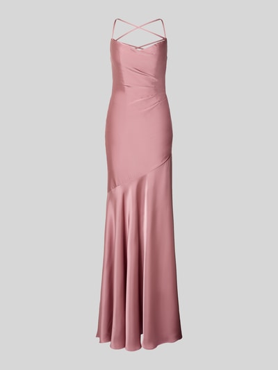 Produktfoto, Abendkleid mit rückseitig überkreuzten Spaghettiträgern von Mascara aus roséfarbenem Satin, Maxikleid, Körpernaher-Schnitt, Herz-Ausschnitt, Rückseite mit Schnürung, Haken-Reißverschluss, Rückenlänge 134 cm, Brustweite 40 cm, glatte Textur