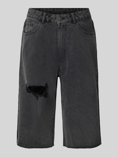 Produktfoto, Jeansshorts im Destroyed-Look von Karo Kauer, Relaxed Fit, dunkles Grau, Cut Out, Eingrifftaschen, strukturierte Oberfläche