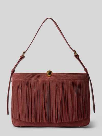Produktfoto, Shoulder Bag aus echtem Leder Modell 'SFERA' von FURLA in Braunrot mit Fransenbesatz, Magnetverschluss und verstellbarem Schulterriemen, glatte und strukturierte Textur, rechteckige Form, Kontext: Innenfach mit Reißverschluss, Maße 40x26x10 cm, 106 cm Schulterriemen.