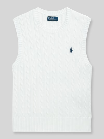 Productfoto, 'Slim Fit Pullunder aus reiner Baumwolle' van Polo Ralph Lauren in effen wit met kabelpatroon, gebreid katoen, logo-stitching, crew neck, geribde zoom.