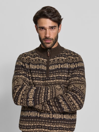 Fynch-Hatton Sweter o kroju regular fit z czystej wełny model ‘Jacquard’ Czekoladowy 3