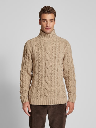 Profuomo Rollkragenpullover mit Zopfmuster Beige 4