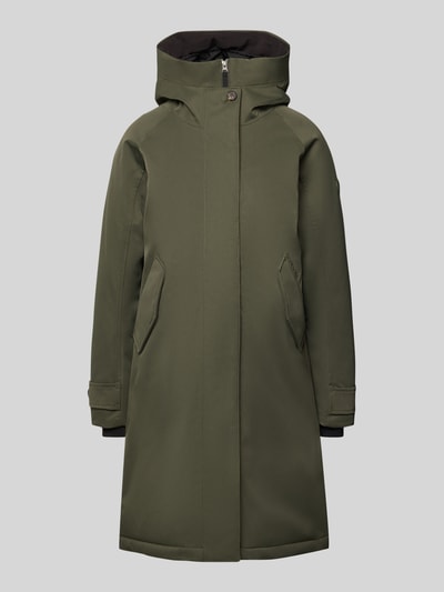 Produktfoto, Parka mit Kapuze und Thermore Füllung von Didriksons w kolorze oliwkowym, prosty krój, wyhaftowane logo, kieszenie z patką, zamek błyskawiczny, guziki, rzep, wiatroszczelny, wodoszczelny, oddychający materiał, długość tyłu w rozmiarze 36: 102 cm, szerokość ramion w rozmiarze 36: 40 cm, szerokość w rozmiarze 36: 56 cm, długość rękawów w rozmiarze 36: 60 cm.