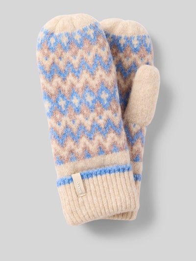 Produktfoto, cremefarbene und blaue Handschuhe in Fäustling-Optik Modell 'Nakarah' von Barts, Wollstruktur mit Zickzackmuster