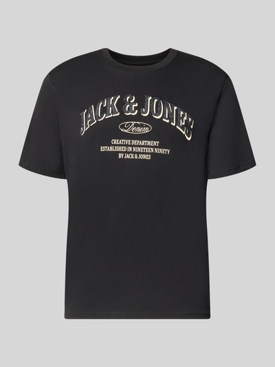 Produktfoto, zwart regular fit t-shirt van puur katoen Model 'Denver' van JACK & JONES, logoprint, ruglengte maat M 69 cm