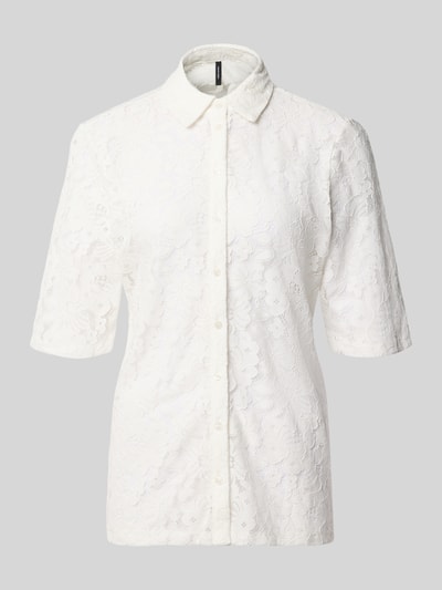 Produktfoto, Regular Fit Bluse aus Baumwoll-Mix Modell 'HONEY' von Vero Moda, Optik: Unifarben, Allover-Muster, Knopfleiste, Kragenform: Hemdkragen, V-Ausschnitt, Langarm, Material: Baumwoll-Mix, Textur: florale Spitzenstruktur.