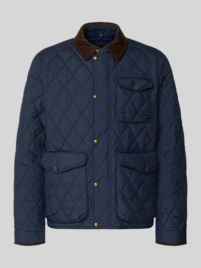 Produktfoto, Regular Fit Steppjacke mit Druckknopfleiste von Polo Ralph Lauren in Unifarben Navy, Umlegekragen, Logo-Stitching, Stepp-Webware