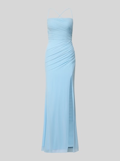 Produktfoto, Regular Fit Abendkleid mit Gehschlitz von Luxuar in semitransparenter Optik, taillierte Passform, hellblau, gelegte Falten, glatte Textur, blickdichter Unterrock, Spaghettiträger, Rückenausschnitt, Nahtreißverschluss, elegantes Design
