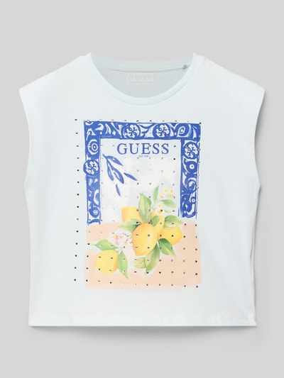 Productfoto, T-Shirt met Motiv-Print en Strasssteinbesatz van Guess, katoen, boxy fit, ronde hals, citroenmotief, ruglengte 43 cm, wit-blauw-geel