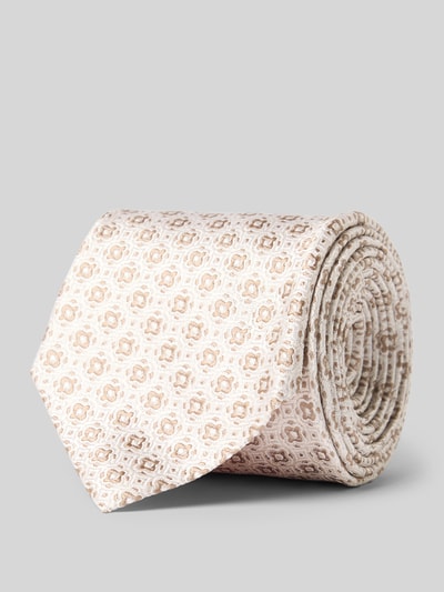 Produktfoto, Krawatte aus Seide im Allover-Look (7 cm) von Monti, klassische Form in Beige mit floraler Struktur, Label-Detail, feine Textur