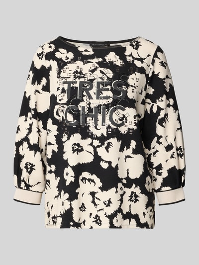Produktfoto, Sweatshirt aus Viskose-Mix mit 3/4-Arm von Betty Barclay, schwarz-beiges Allover-Muster, Statement-Print, Ziersteinbesatz, Rundhalsausschnitt, Regular Fit, dehnbares Material