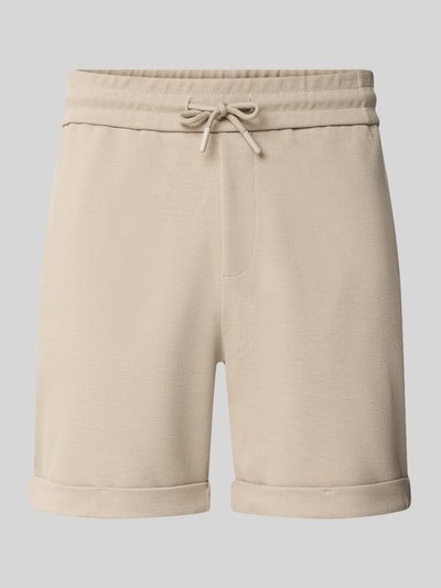 Produktfoto, Regular Fit Shorts mit Viskose-Anteil Modell 'NEWKODYL' von Only & Sons in beigefarbener Melange-Optik, feine Nadelstreifen, elastischer Bund mit Tunnelzug, fixierter Beinumschlag, Eingrifftaschen und Gesäßtasche, strukturierte Oberfläche.