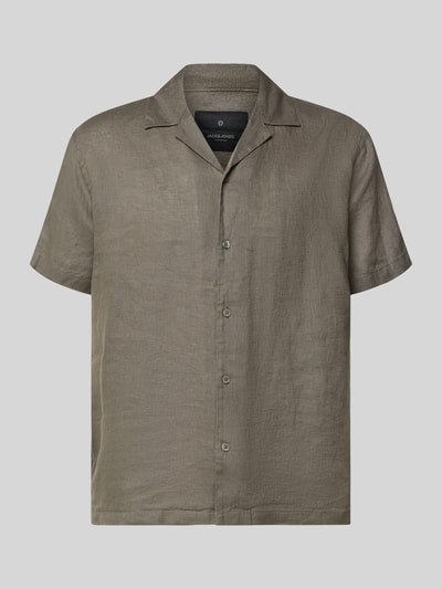 Produktfoto, Regular Fit Leinenhemd Modell 'LAWRENCE' von Jack & Jones Premium in Grau mit Reverskragen und Knopfleiste, reine Leinenstruktur.