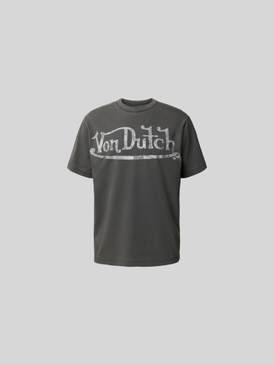 Produktfoto, Relaxed Fit T-Shirt aus reiner Baumwolle von ANNARR in Dunkelgrau mit Label-Print, Rundhals und kurzen Ärmeln auf hellem Hintergrund.