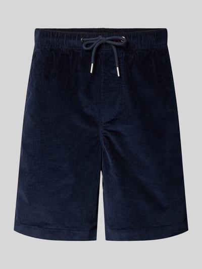 Produktfoto, Regular Fit Sweatshorts aus Baumwoll-Mix von SELECTED HOMME w kolorze granatowym, struktura sztruks, krój regular fit, gładka tkanina, elastyczny ściągacz z troczkiem, tylna kieszeń, boczne kieszenie, materiał: bawełna z domieszką