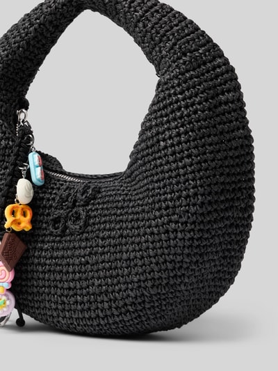 Produktfoto, Henkeltasche aus Strohgeflecht Modell 'ZEYA' von HUGO in schwarzer Stroh-Optik mit Logo-Prägung, Anhänger, Reißverschluss, Hauptfach, Innenfach, Material: Papier