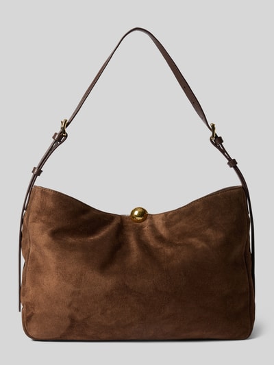Produktfoto, Shoulder Bag aus echtem Leder Modell 'SFERA' von FURLA in Braun mit Fransenbesatz, Magnetverschluss und verstellbarem Schulterriemen, Maße 40x26x10 cm, Hauptfach und Innenfach mit Reißverschluss