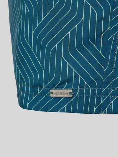 Productfoto, Badehose im Allover-Look mit elastischem Bund van Schiesser, materiaalmix met stretch, relaxed fit, all-over look, elastische band, tunnelkoord, blauw met geometrisch patroon, fijn textuur.