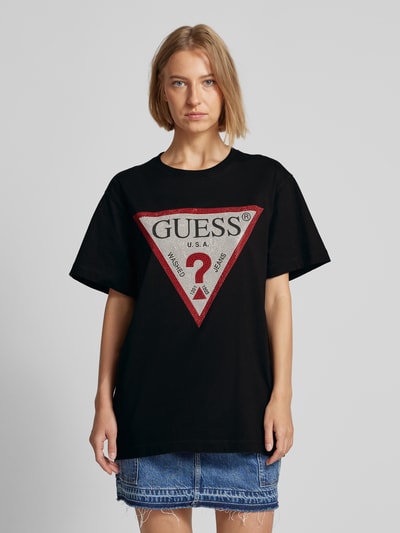 Guess T-shirt z obszyciem kamieniami stras model ‘SHINY TRIANGLE’ Czarny 4