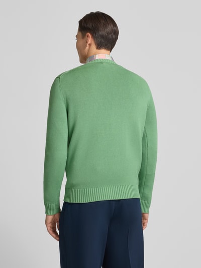 Męski model nosi Sweter z dzianiny z prążkowanymi wykończeniami od Polo Ralph Lauren, bawełna, krój regular fit, zielony, widok z tyłu.