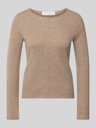 Produktfoto, Regular Fit Strickpullover aus reinem Kaschmir von Christian Berg Woman in Beige, fein gestrickte Textur, Rundhalsausschnitt, Langarm, Ziernaht vorn, Damenmodell, Rückenlänge 53 cm, Ärmellänge 63 cm