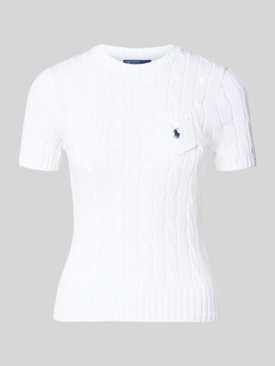 Produktfoto, Slim Fit Kurzarmpullover mit Label-Stitching von Polo Ralph Lauren z bawełny, krój slim fit, dzianinowa faktura, kieszonka na piersi, logo, okrągły dekolt, elastyczne wykończenia