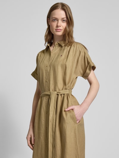 Tommy Hilfiger Sukienka koszulowa taliowana z czystego lnu Camel 3