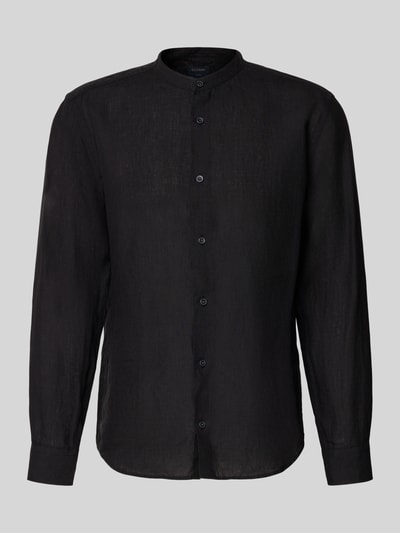 Produktfoto, Slim Fit Leinenhemd aus reinen Leinen mit Stehkragen von OLYMP Level Five in Schwarz, langärmelig, durchgängige Knopfleiste, Sportmanschetten, dezente Webstruktur, Rückenlänge bei Größe M 75 cm, Schulterbreite 48 cm, Ärmellänge 64 cm.