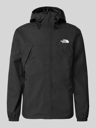 Produktfoto, schwarze Jacke mit Label-Print Modell 'ANTORA' von The North Face, Kapuze, Reißverschlusstaschen, gerade Passform
