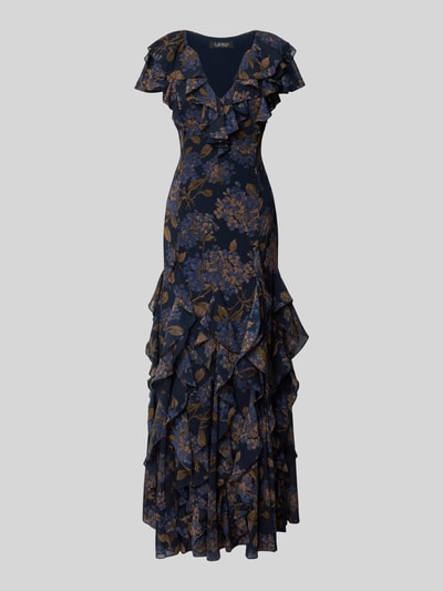 Produktfoto, granatowa sukienka wieczorowa z falbanami, kwiatowy wzór, długie, dopasowane, Eng anliegendes Abendkleid mit Rüschen von Lauren Ralph Lauren