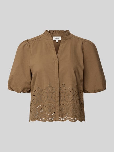 Produktfoto, Boxy Fit Kurzarmbluse aus reiner Baumwolle von s.Oliver RED LABEL in Braun mit Lochstickerei und welligem Saum, glatte Oberfläche
