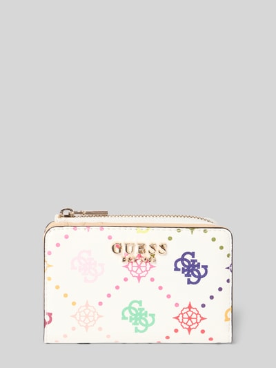 Produktfoto, Portemonnaie mit Label-Detail Modell 'EMELIE' von Guess in Weiß mit buntem Muster, Hauptfach mit Reißverschluss, diverse Einsteckfächer, Reißverschlussfach innen, kurze Trageschlaufe, strukturierte Oberfläche.