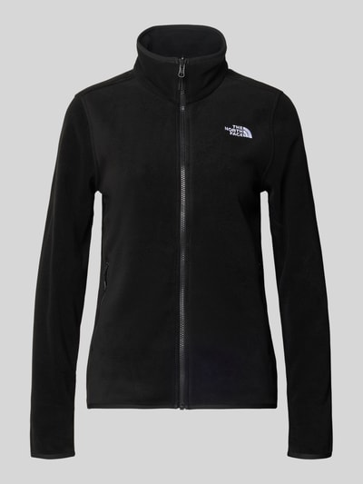 Produktfoto, schwarze Fleecejacke mit Label-Stitching Modell 'GLACIER' von The North Face, Slim Fit, Stehkragen, Reißverschlusstaschen, glatte Textur, schlichte Optik