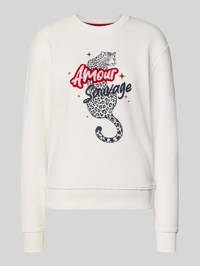 Produktfoto, Sweatshirt mit Motiv-Print und Rundhalsausschnitt von Christian Berg Woman im Farbton Weiß mit Baumwoll-Mix, Regular Fit, strukturierte Oberfläche, Schriftzug und Leopardenmotiv.
