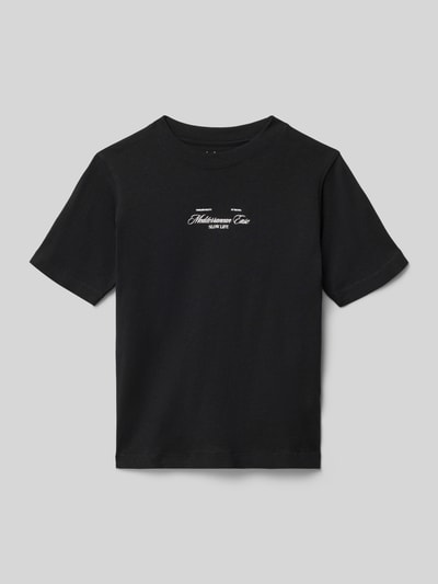 Produktfoto, Kinder T-Shirt mit Rundhalsausschnitt Modell 'CASSIS' von Jack & Jones aus reiner Baumwolle, Regular-Fit, schwarzer Grundton, Statement-Print auf der Vorderseite, glatte Struktur, Rückenlänge bei Größe 140: 51 cm.