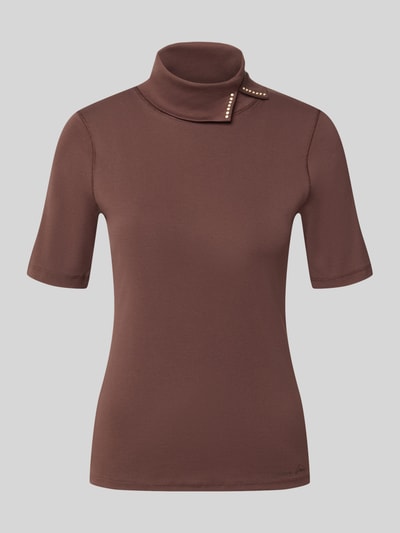 Produktfoto, Slim Fit T-Shirt aus katoenmix van Marc Clain in bruin met asymmetrische col en siersteentjes, ruglengte 56 cm maat 36