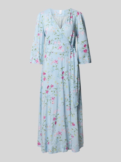 Produktfoto, Wickelkleid mit V-Ausschnitt Modell 'SAVANNA' von YAS in Hellblau mit buntem Blumenmuster aus Reine LENZING™ ECOVERO™ Fasern, Taillierter Schnitt, Midikleid, Seitliche Bindung und 3/4-Arm.