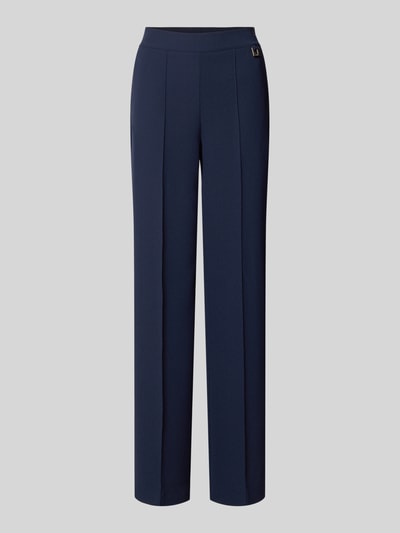 Produktfoto, dunkelblaue Straight Fit Stoffhose mit Ziernaht, elastischem Bund und Logo-Detail, Modell 'Paulien' von JOOP!, glatte Textur