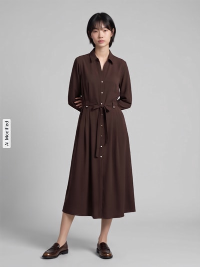 s.Oliver BLACK LABEL Midi-jurk met strikceintuur Donkerbruin - 1