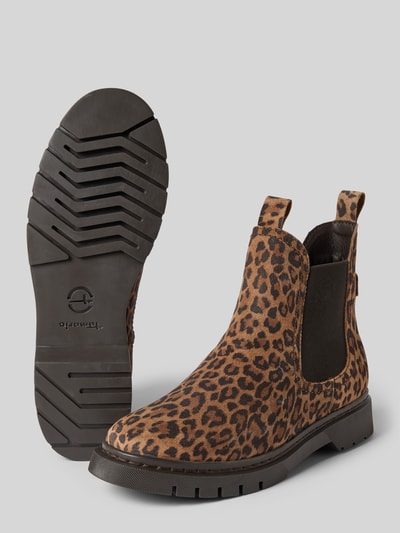 Productfoto, bruin-zwarte chelsea boots met luipaarddessin, grof profiel, elastische inzetstukken, Chelseas uit echt rundleer van Tamaris, Dames Chelsea boots