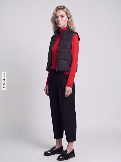 Vrouwenmodel draagt rood slim fit shirt met lange mouwen van lyocellmix van Jake*s Casual, zwarte broek, zwart gilet, Ganzkörperansicht von vorne, KI-modifiziertes Bild.