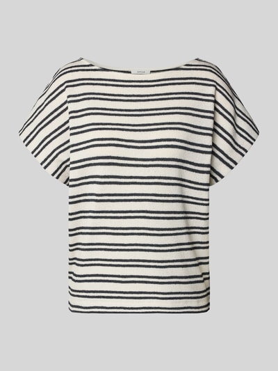 Produktfoto, T-Shirt aus Viskose-Mix Modell 'Sostal' von OPUS w kolorze ecru z czarnymi paskami, relaxed fit, dekolt okrągły, długość pleców 54 cm w rozmiarze 36