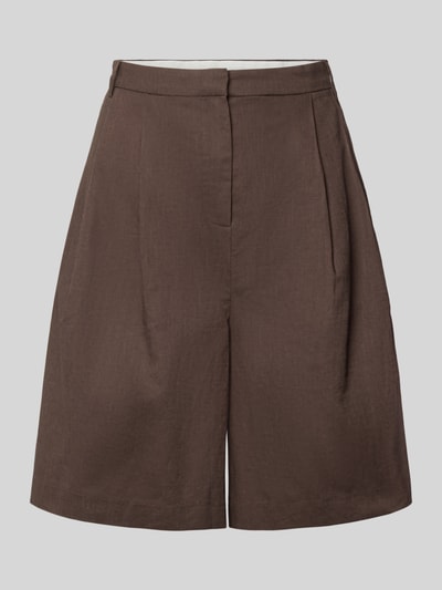 Produktfoto, Bermudas aus Baumwoll-Leinen-Mix Modell 'Nika' von Neo Noir in Braun mit gelegten Falten, Regular Fit, glatte Textur. Damenmode