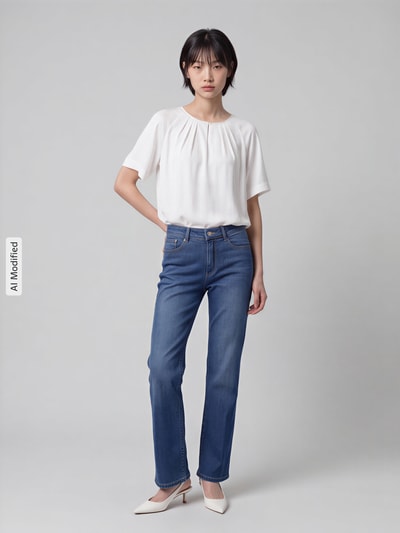 Frauenmodel trägt Relaxed Fit Bluse mit gelegten Falten von comma, weiß, Satin, rundhals, kurzärmelig, elastischer Material-Mix, Ganzkörperansicht von vorne, KI-modifiziertes Bild.