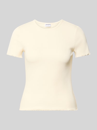 Produktfoto, T-shirt z falistym brzegiem od Jake*s Casual, mieszanka bawełny, dopasowany krój, drobne prążkowanie, okrągły dekolt
