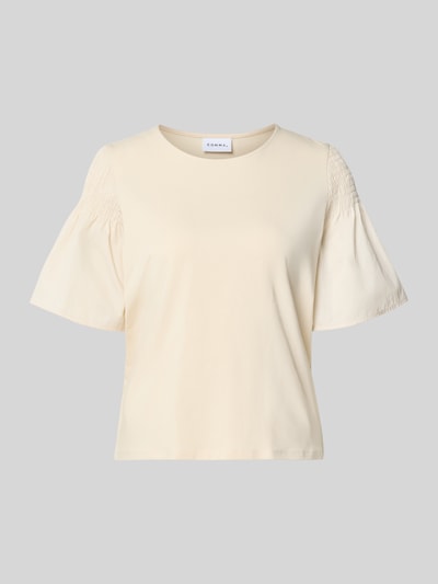 Produktfoto, Regular Fit T-Shirt mit Smok-Detail von Comma aus Reine Baumwolle, ausgestellte Ärmel, kurzärmelig, Rundhalsausschnitt, Rückenlänge 54 cm bei Größe 36, helles einfarbiges Design mit glatter Textur.