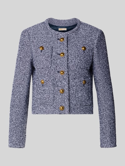 Produktfoto, Slim Fit Jacke in Bouclé-Optik von MICHAEL Michael Kors in Blau-Weiß mit Rundhalsausschnitt, goldfarbenen Knöpfen und aufgesetzten Taschen, Baumwoll-Mix, strukturierte Textur, klassische Form.