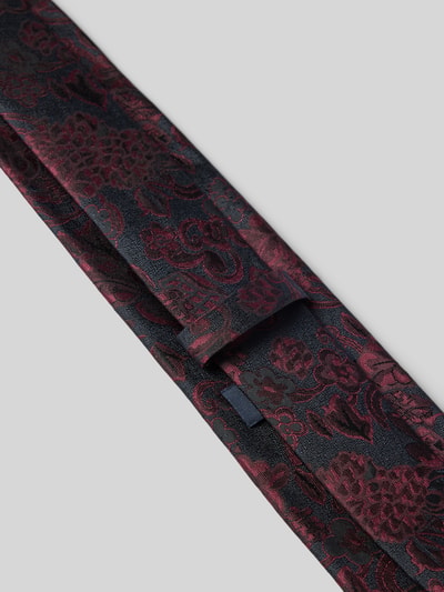 Produktfoto, Krawatte aus reiner Seide mit Logo-Detail von Willen, florales Design in Dunkelrot und Schwarz, spitze Passform, Breite 7 cm